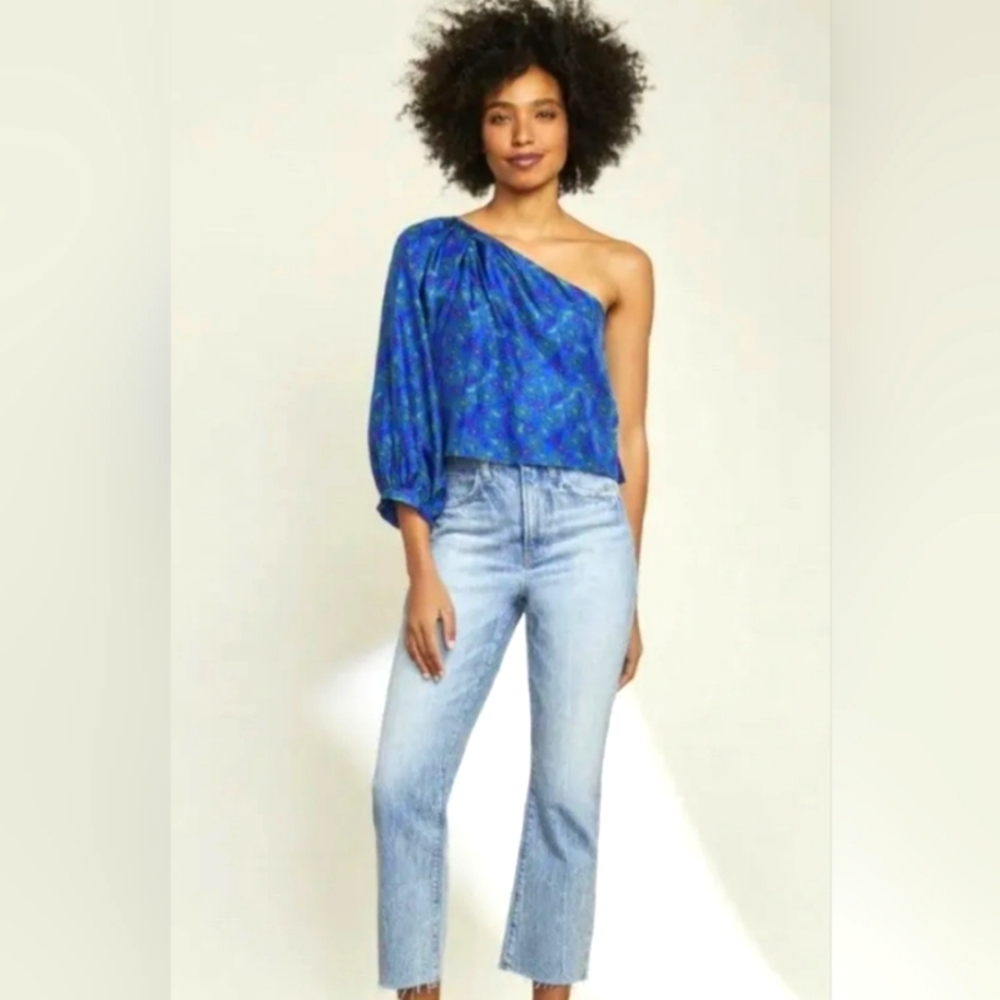 VERONICA BEARD Lyric One-Shoulder Silk Top 4 Cobalt Multi Cropped Floral $340